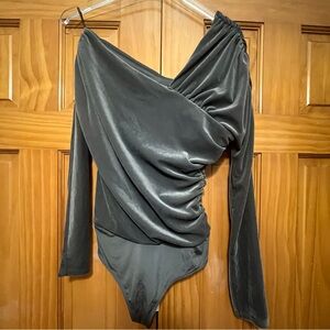 Express Gray Asymmetrical Ruched Bodysuit